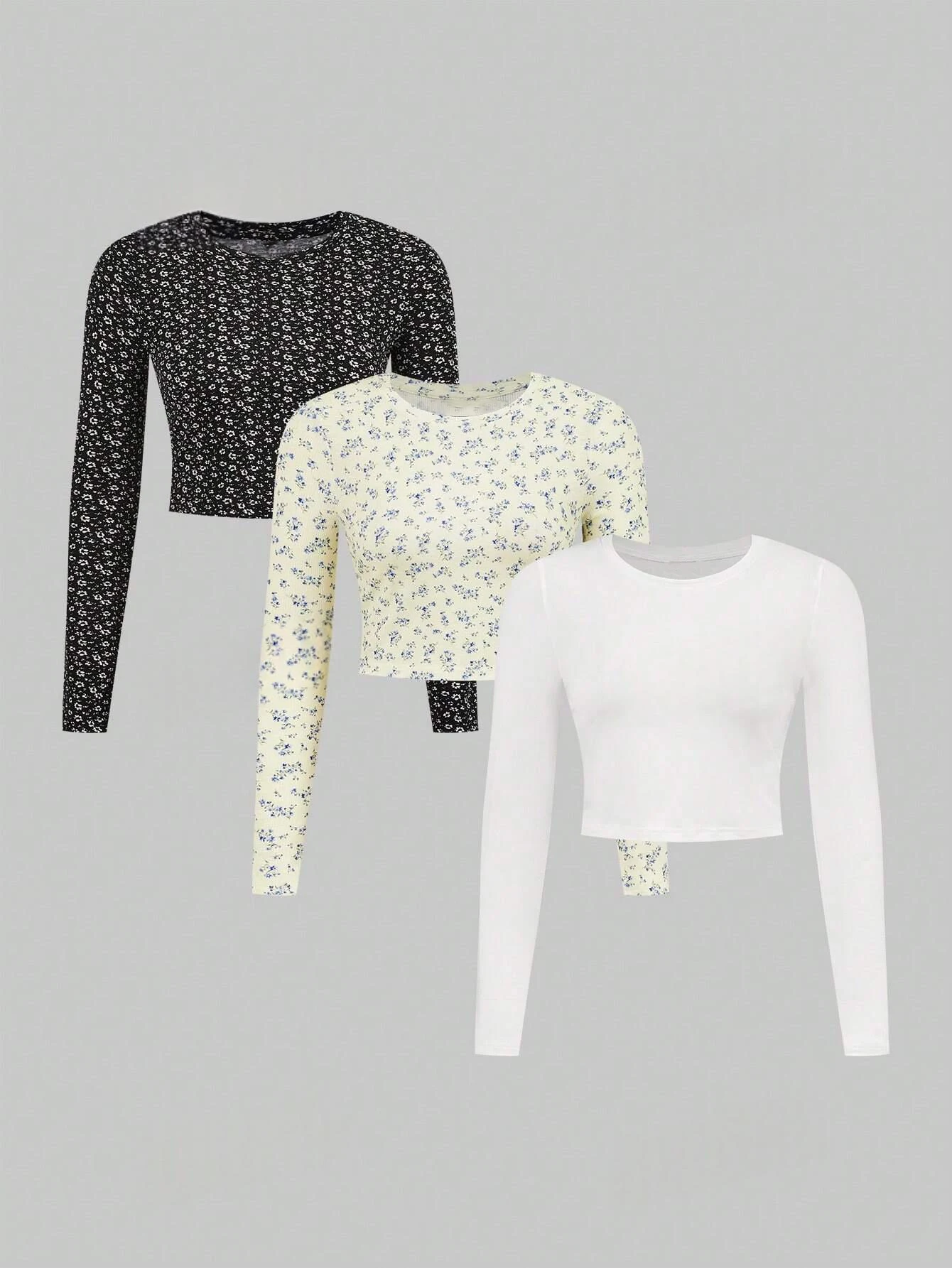 3 Pack Floral Print Crop Top Long Sleeve T Shirt Slim Fit Round Neck Short Tunic Casual Set for Women