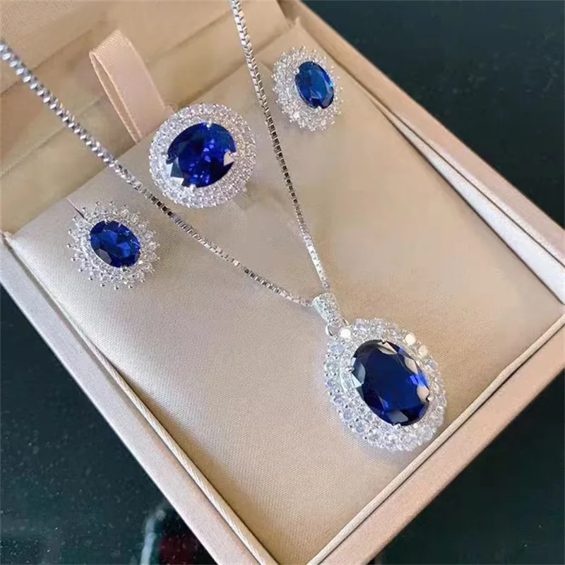 Pure Silver Fashion sapphire Ring, Tanzanite European and American Necklace, Light Luxury Earrings, Women's Three Piece Set