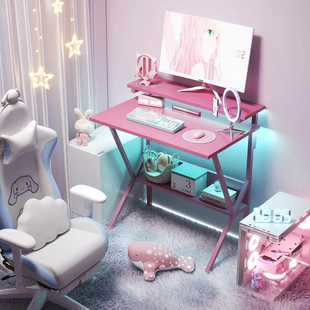 مكتب مدمج 27.5 وردي مع حامل شاشة قابل للتعديل، وحدة تخزين، للمكتب المنزلي وغرفة النوم