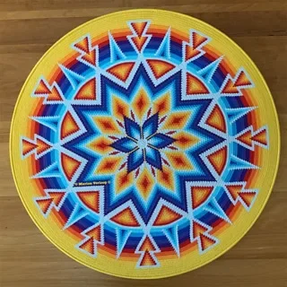 Round Braided Rug Yellow Rim Colorful Star Mandala Geometric Woven Design for Living Room Decor