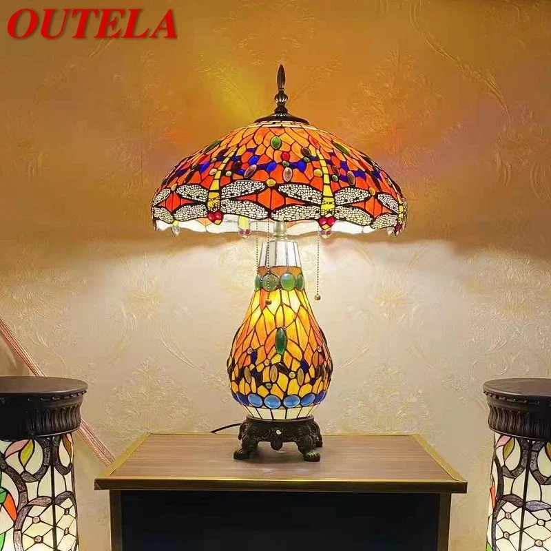 

OUTELA Tiffany Table Lamp American Retro Living Room Bedroom Lamp Luxurious Villa Hotel Stained Glass Desk Lamp