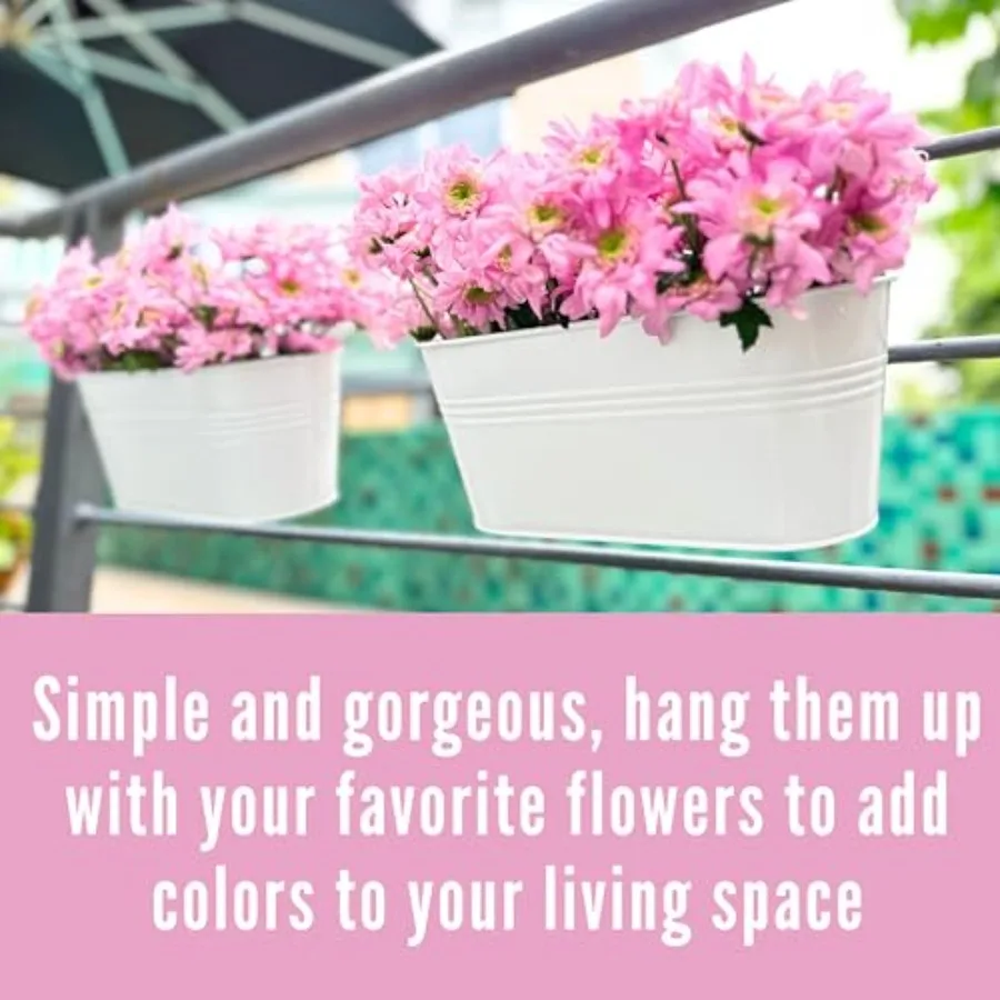 Outdoor white metal planter boxes for deck railing, 17-inch hanging flower pots with hooks, large window box plant holders, mod - view 4