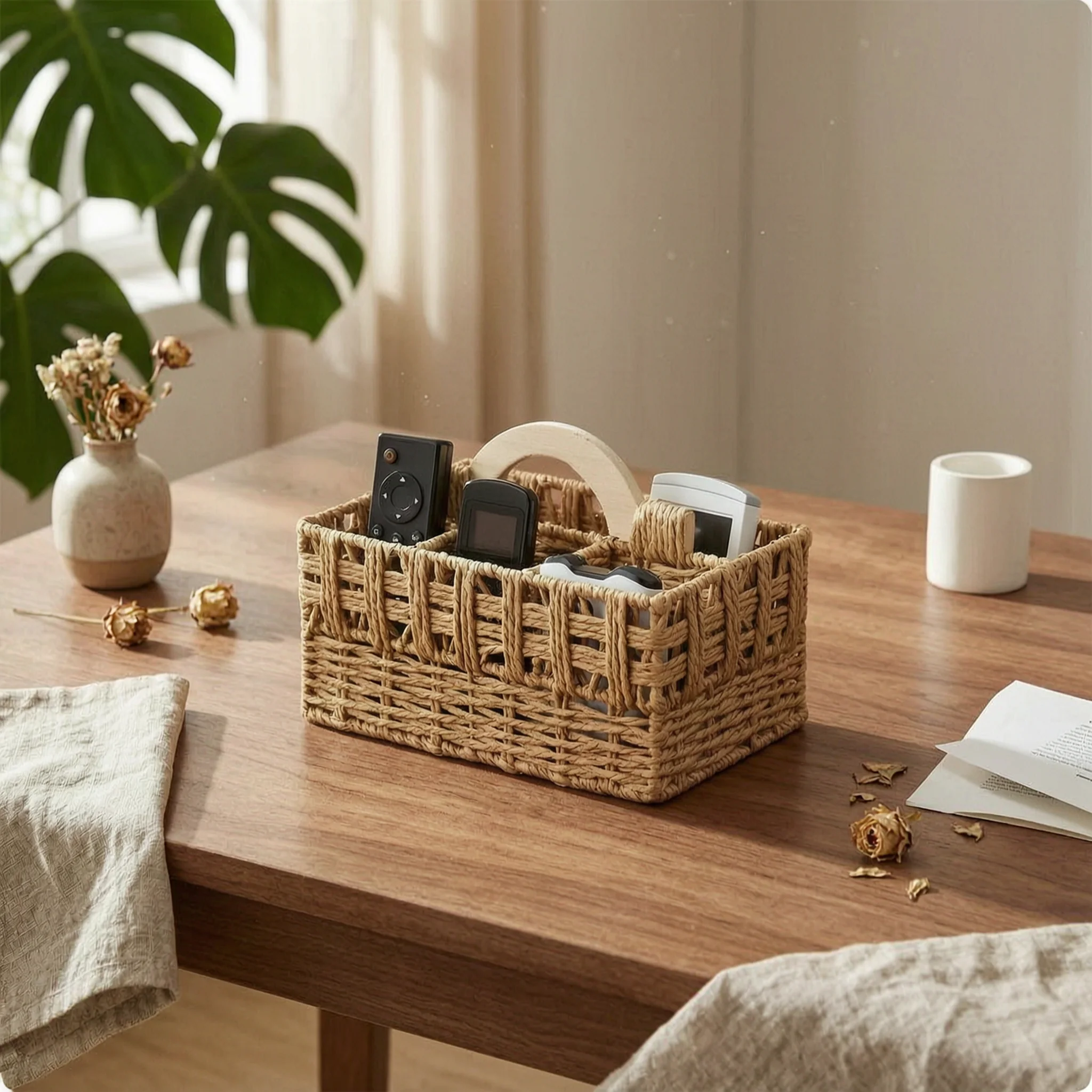 Woven Rope Basket Handwoven Rope Basket with Handle Desk Organizer Portable Airy Design for Office