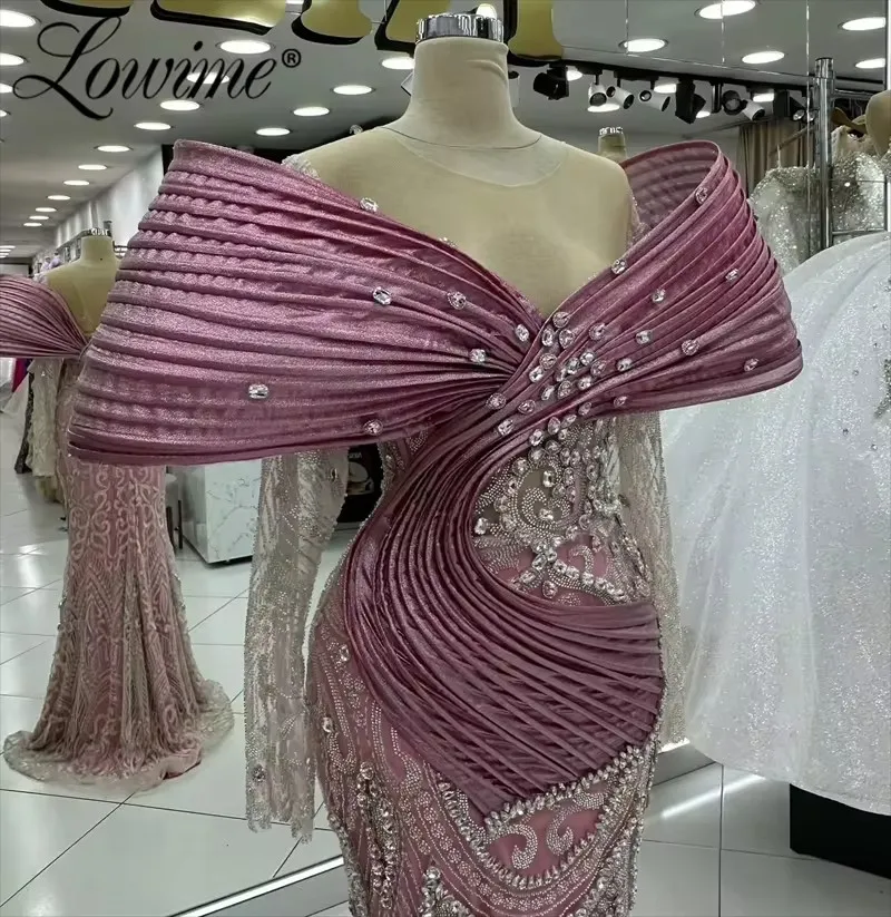 

Elegant Pink Long Sleeves Mermaid Evening Dresses With Sparkly Crystals Wedding Party Dress Vestido De Noite Customized Gowns