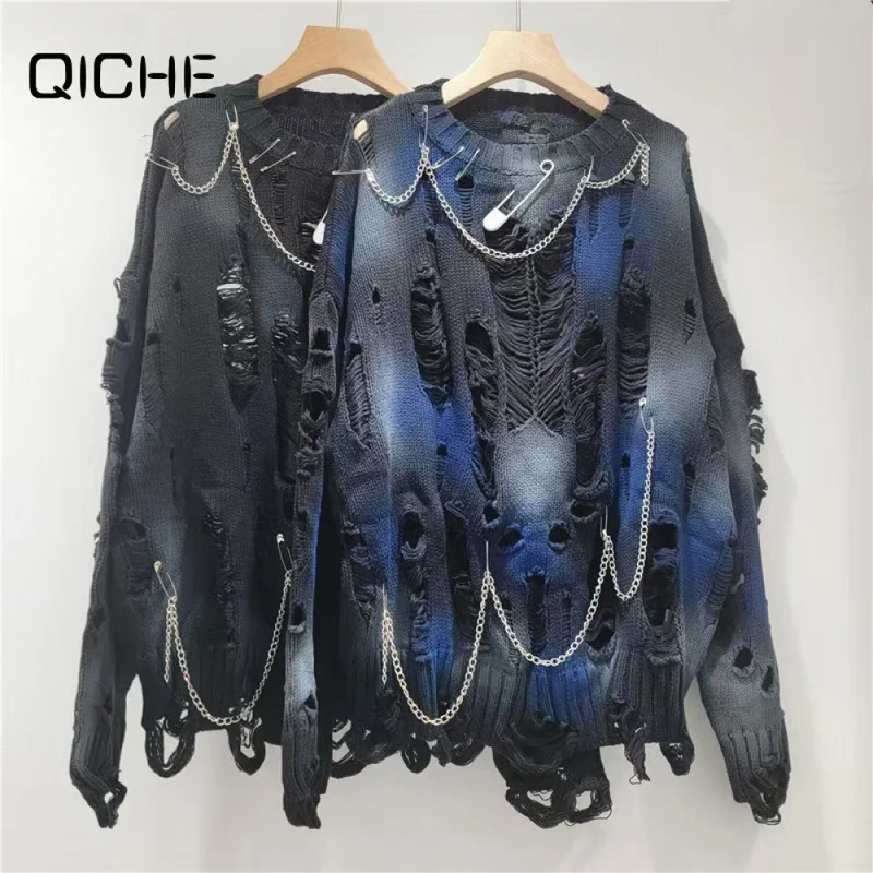 QICHE Korean‑Style Loose Knit Sweater For Women Distressed Hollow‑Out Pin‑Accent Round‑Collar Casual Daily Top