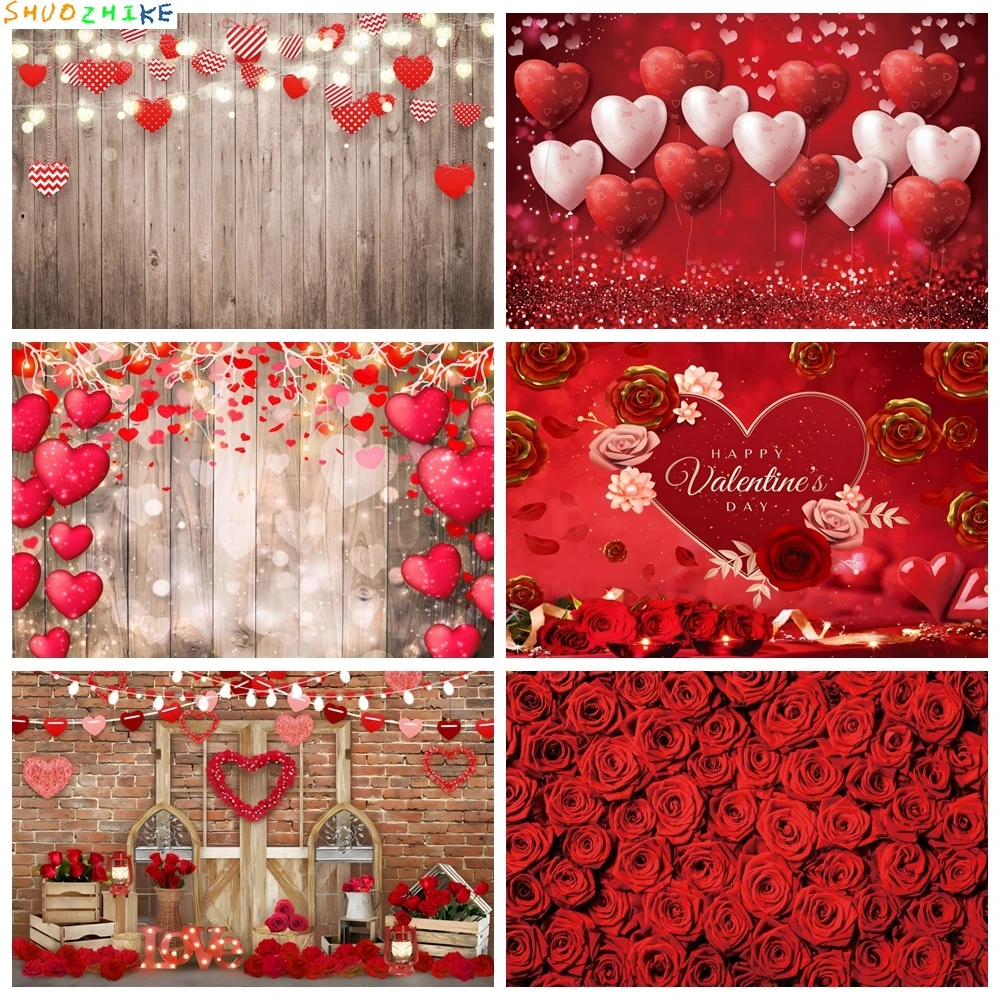 

Valentine's Day Backdrop for Photography February 14 Red Love Heart Balloon Wooden Board Flowers Wedding Party Photo Background