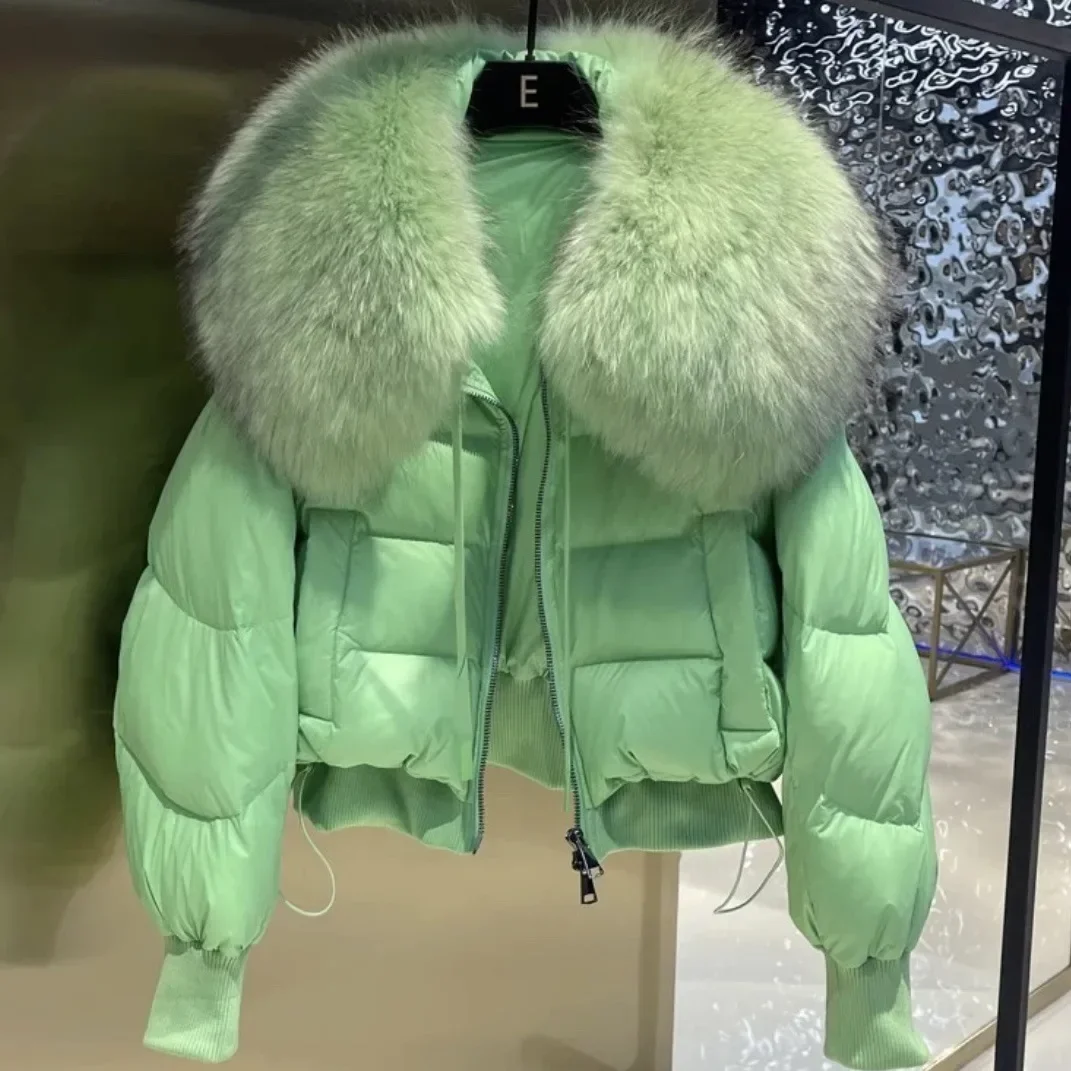 

2025 Winter Women's Big Wool Collar Down Jacket Warm Short White Duck Down Jacket