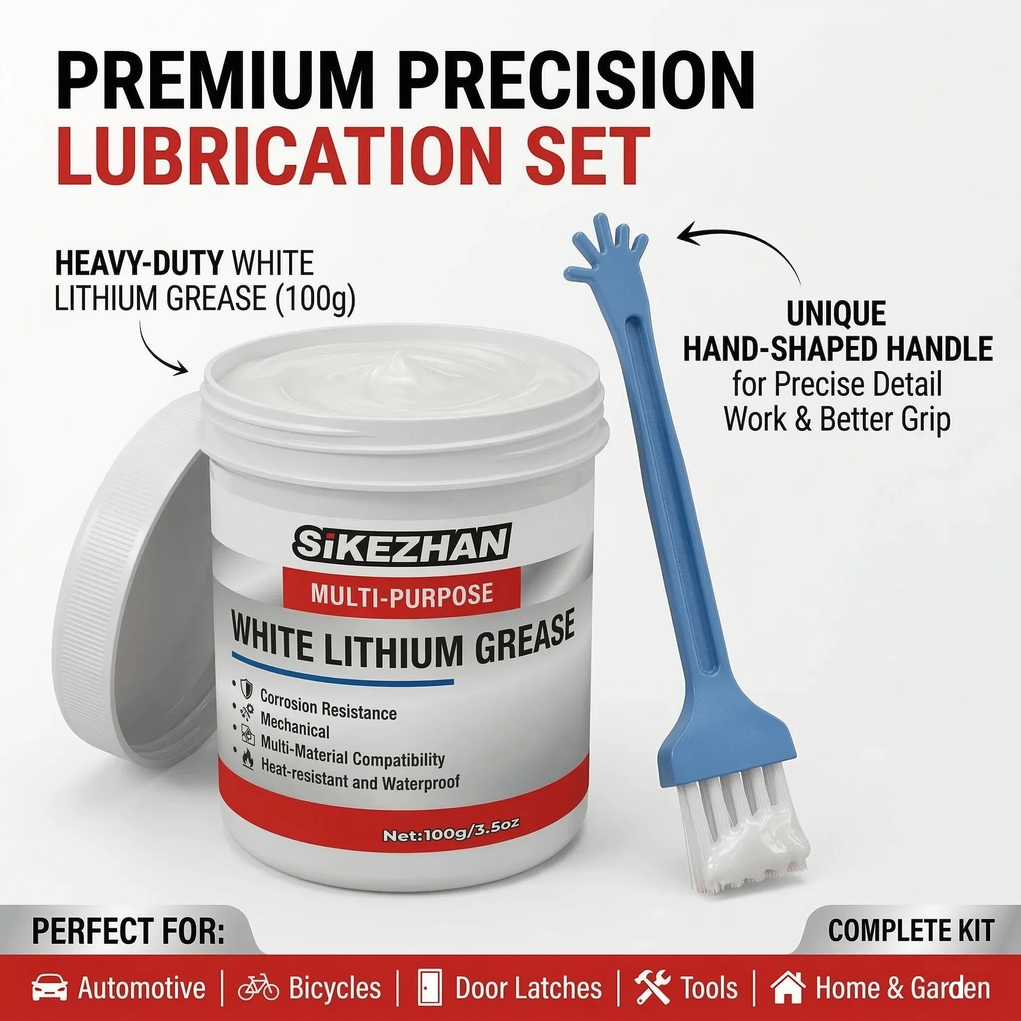 White Lithium Grease with Brush, Multi-Purpose Lubricant for Auto, Hinges & Gears, Waterproof Heat-Resistant