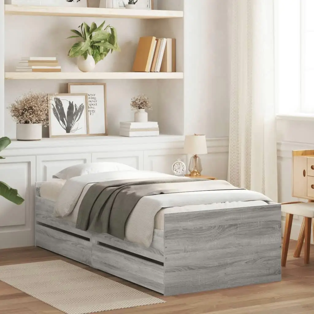 Grey Sonoma Single Bed Frame with Storage Drawers - 90x190 cm (Mattress Not Included)