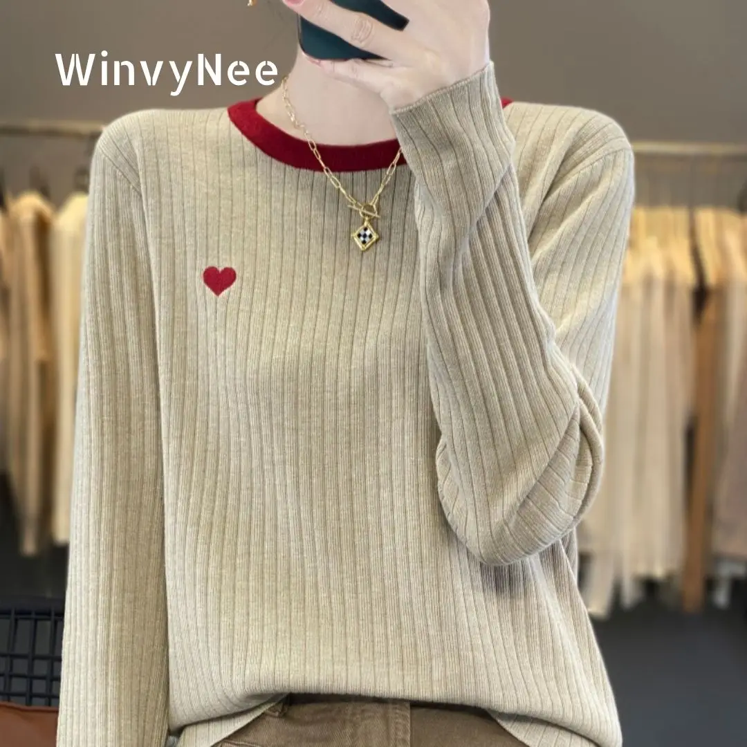 

Женская стильная трикотажная кофта WinvyNee на весну с вышивкой в виде сердца, в рубчик, с цветными блоками, круглым вырезом, модный дизайн, повседневный топ ZA1047032