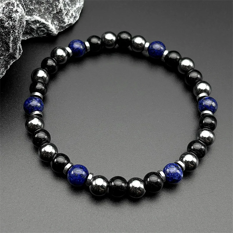 Natural Lapis Lazuli Hematite Bracelet for Women Men Stainless Steel Hand Chain Health Healing Balance Beaded Jewelry Gift