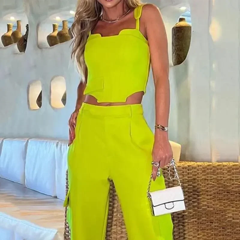 Vest Top & Cuffed Pants Set Women Elegant Pant Sets Two Piece Suit Single Breasted O Neck High Waist Trousers Suits Pockets