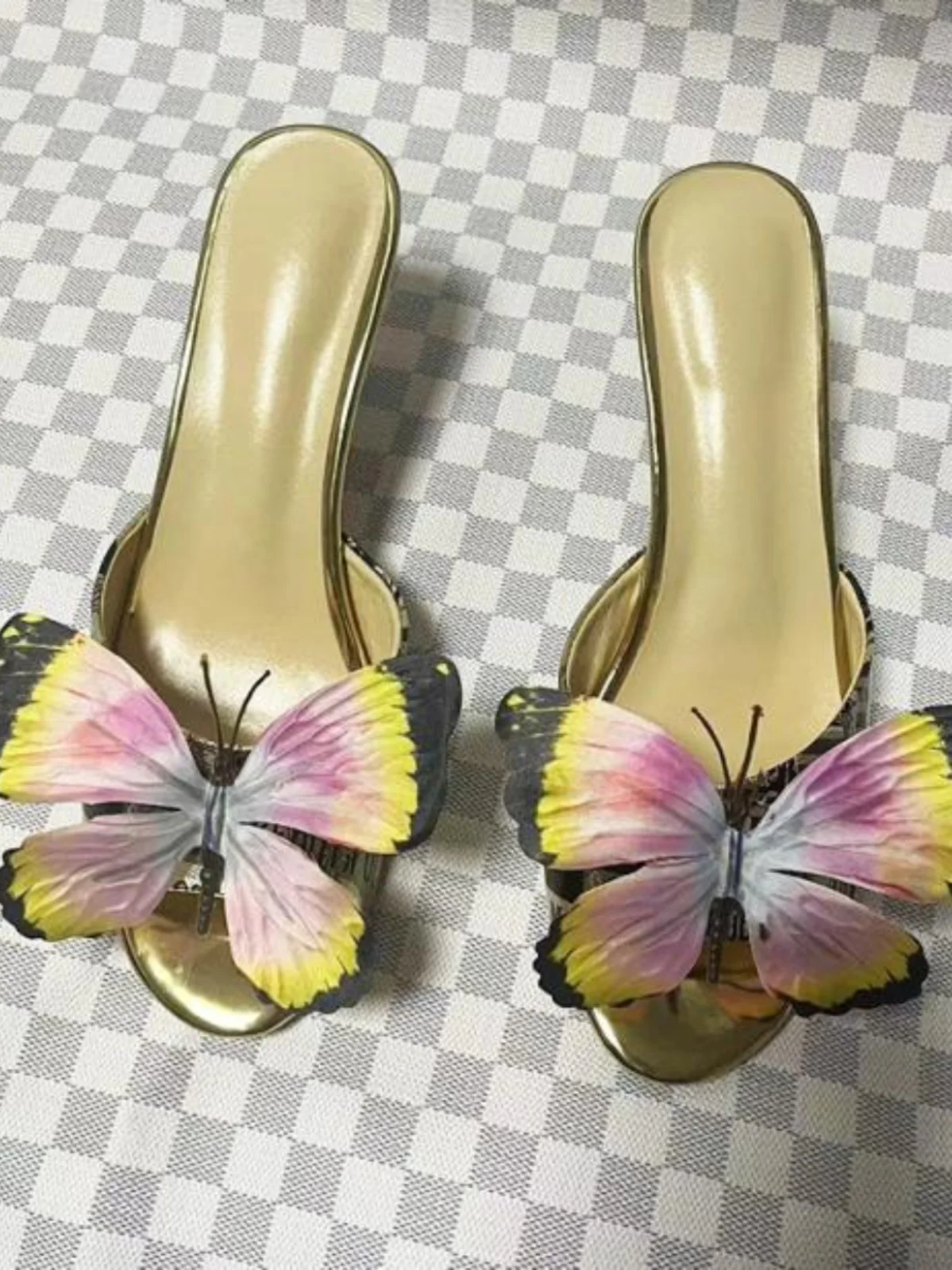 Champagne Butterfly Open Toe Stiletto Slippers Woman Summer 2024 Light Green Round Toe High Heels Shoes for Women Fashion