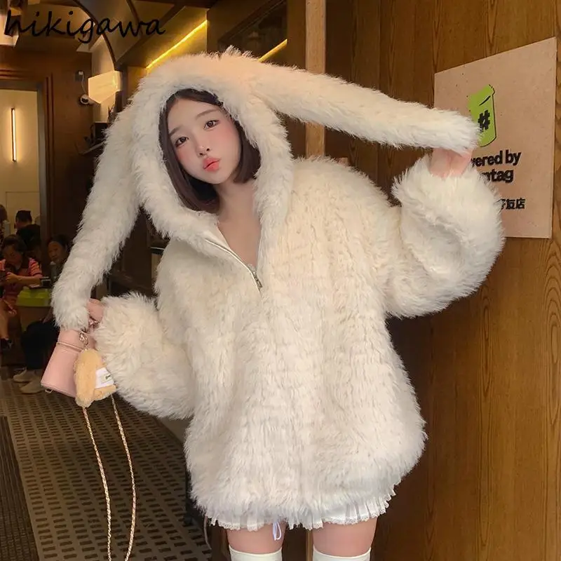 Imitation Lamb Wool Coat for Women 2024 Ropa Mujer Winter Clothing Cute Rabbit Ears Hooded Outwear Fashion Thicked Y2k Jackets