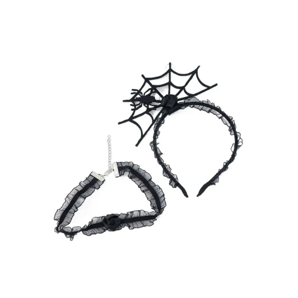 

Creative Black Halloween Headband Mesh Ruffles Hairband Necklace Set Hollow Cosplay Props Spider Web Hairband Festival