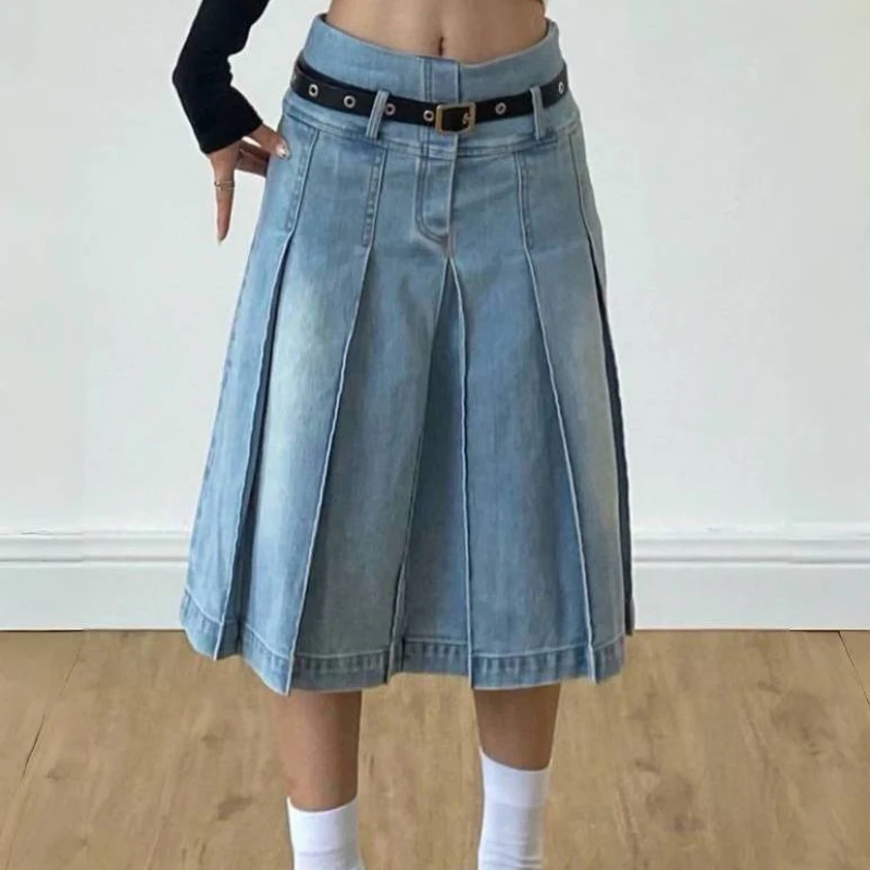 American Vintage Women\'s Denim Mid-lenth Skirts Summer New Y2K Gothic High Waist A-line Pleated Skirt Harajuku Girls Streetwear