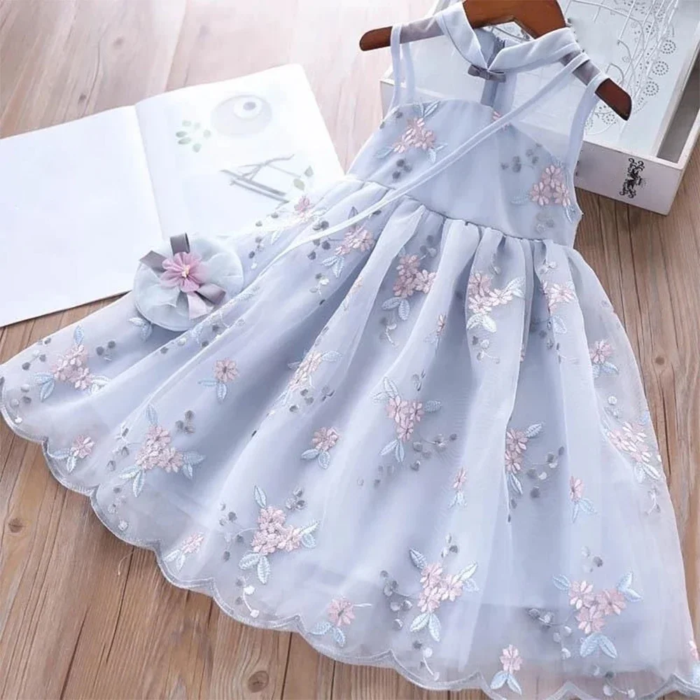 Menoea New Summer Girls Embroidered Dress Cheongsam Children\'s Retro Lace Dress Baby Kids Clothes