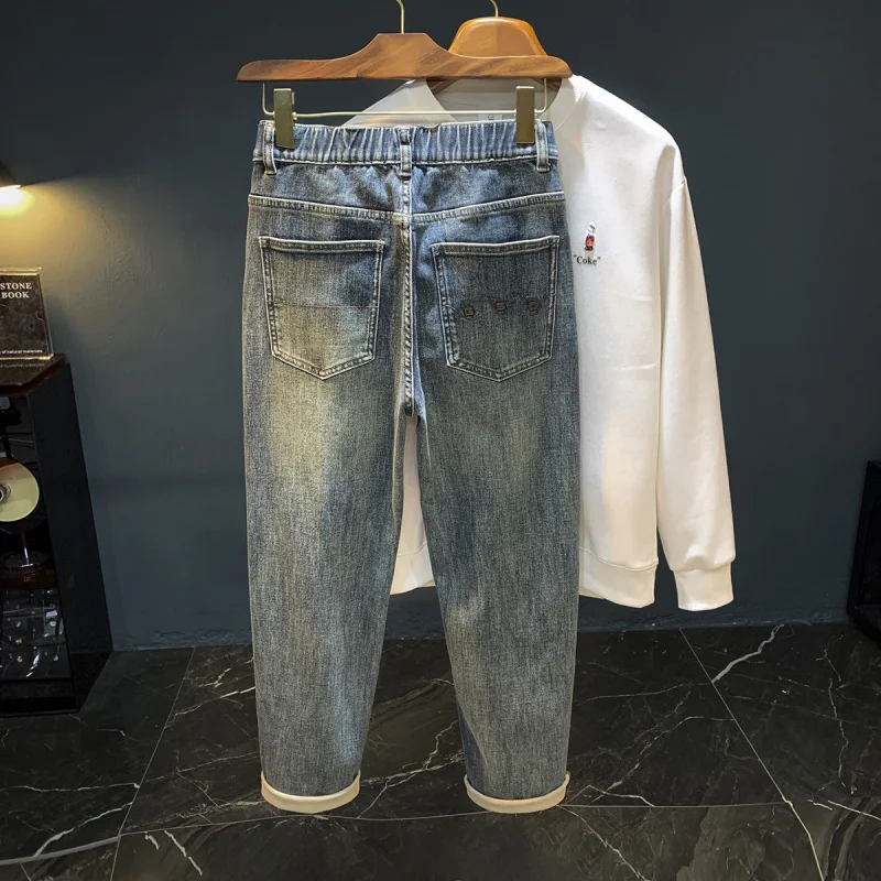 

Мужские потертые синие джинсы в стиле ретро, весенне-осенние модные, модные, свободные прямые, с эластичной резинкой на талии, модные уличные большие размеры