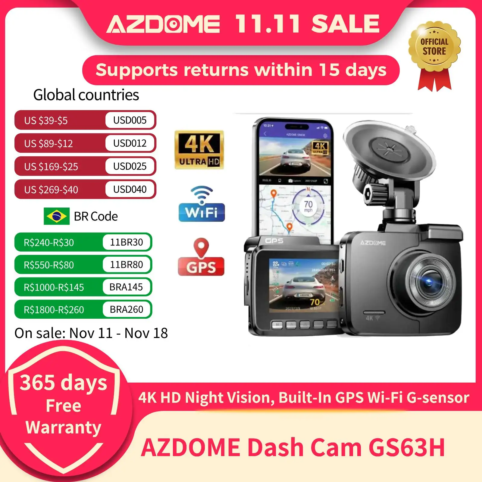 AZDOME Dash Cam GS63H Ultra HD 4K WDR 2.4