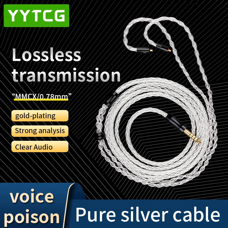 YYTCG HiFi Audio Earphone Cable 12 Core 8 Shares Pure Silver Upgrade Cable MMCX 2Pin Type-c 4.4mm 3.5mm 2.5mm Aux Jack