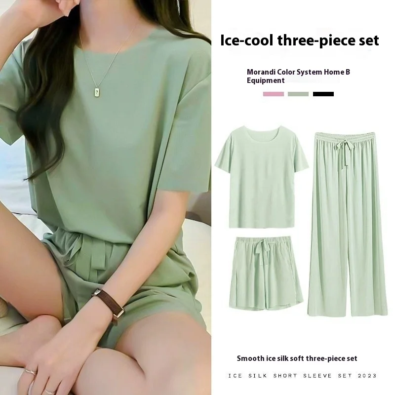 Conjunto de ropa de dormir de seda de hielo para mujer, ropa de dormir Sexy, pantalones cortos simples de manga corta, sólido, ropa de casa