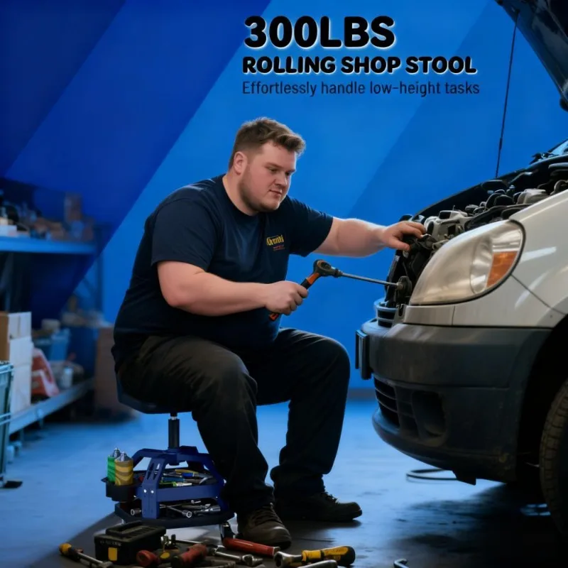 Sgabello da garage Rolling Creeper Vassoio per attrezzi regolabile in altezza Sgabello meccanico ad alta capacità con ruote girevoli