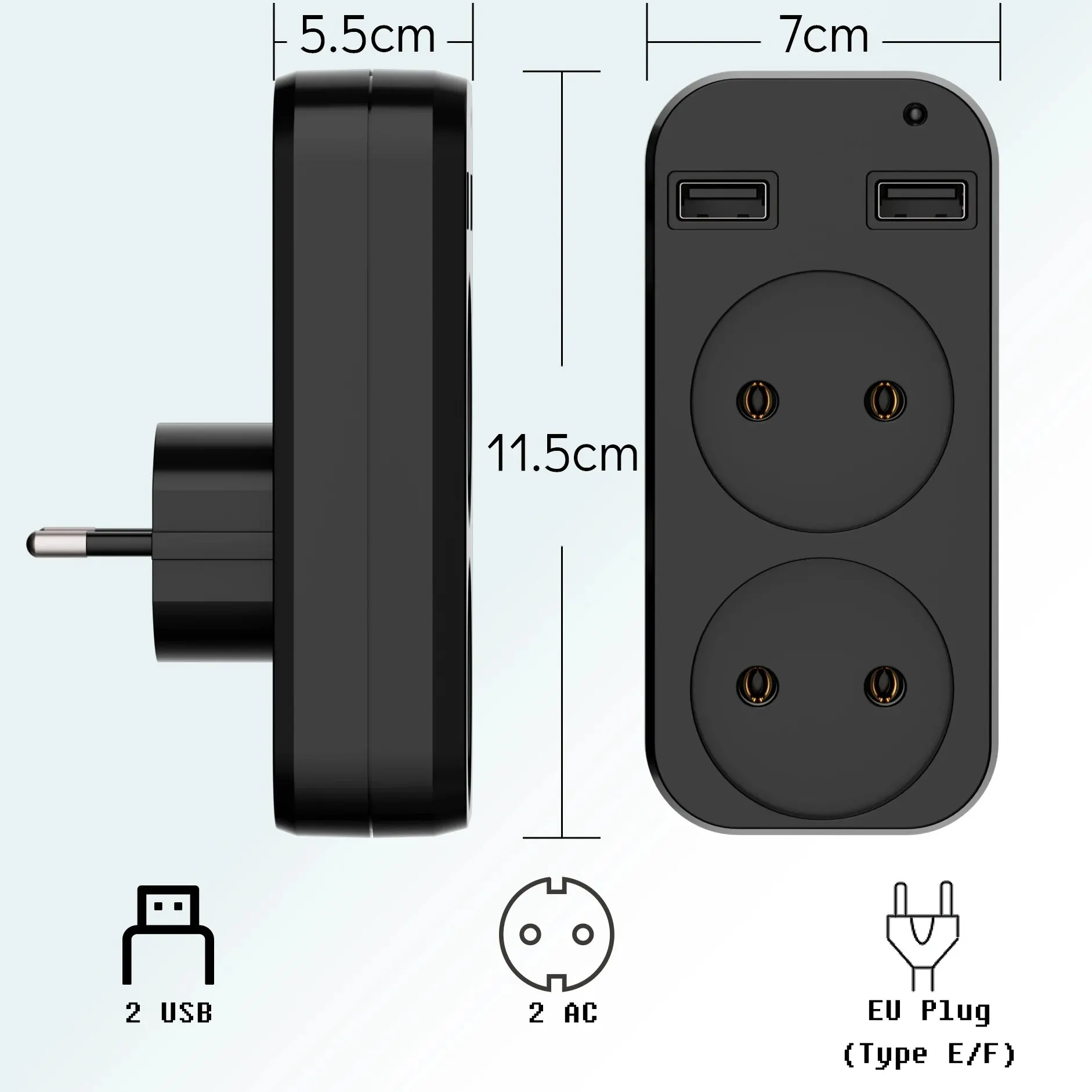 1pcs European Plug Conversion Plug Multifunctional Socket Portable Dual USB Port German French Russian Universal Socket Black