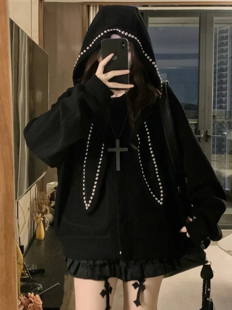 Fashion Gothic Black Loose Coat Rabbit Ear Rivet Hoodie Women Spring Autumn Casual Solid Color Zipper Comfortable Outerwear
