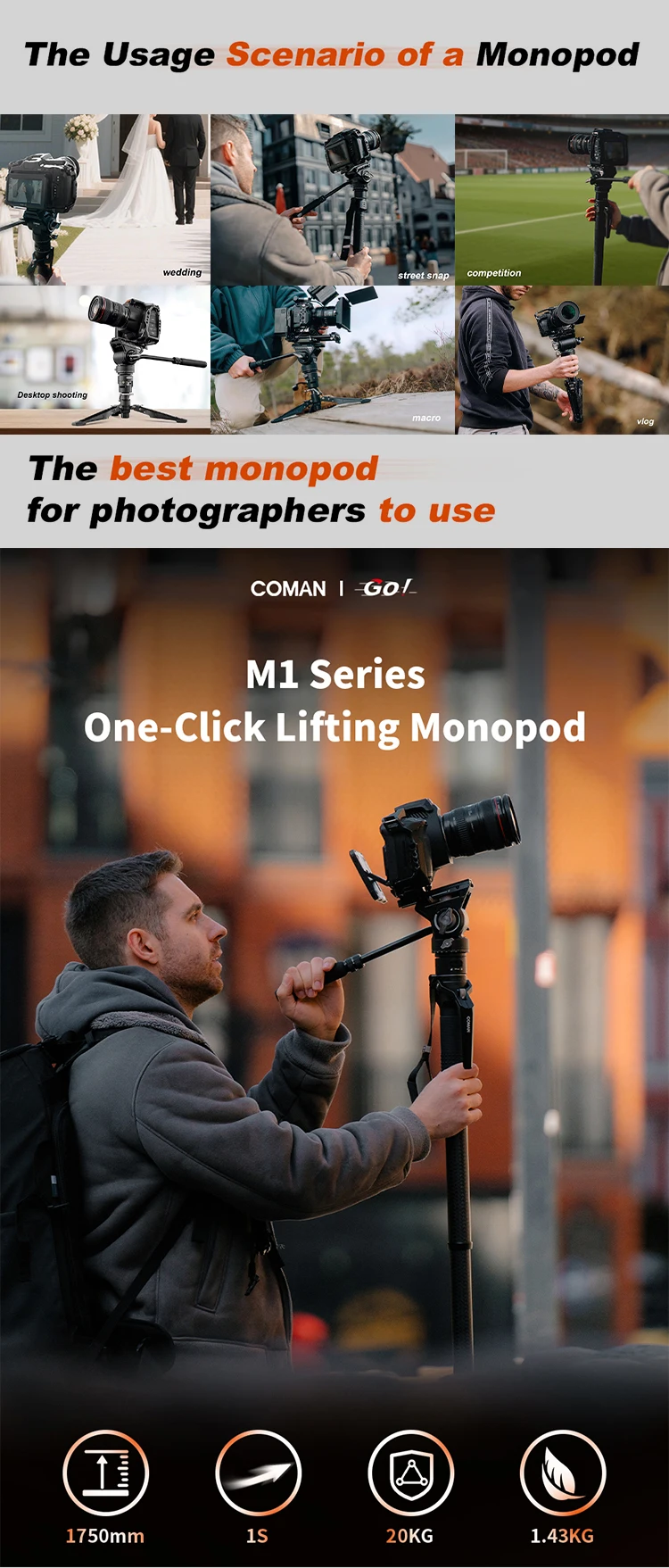COMAN M1 PRO V5 4-Abschnitte One Click Lifting Carbon Fiber Einbeinstativ mit Schnellverschluss-Fußverschluss für DSLR-Kamera-Reisestativ – Detail 4