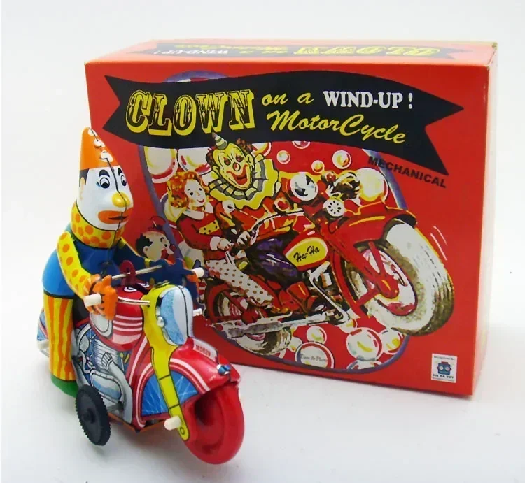 ตลก Wind Up ของเล่น Clown บนรถจักรยานยนต์แสดง Acrobatics Collection Retro โลหะดีบุก Clockwork รูป Vintage ของขวัญ