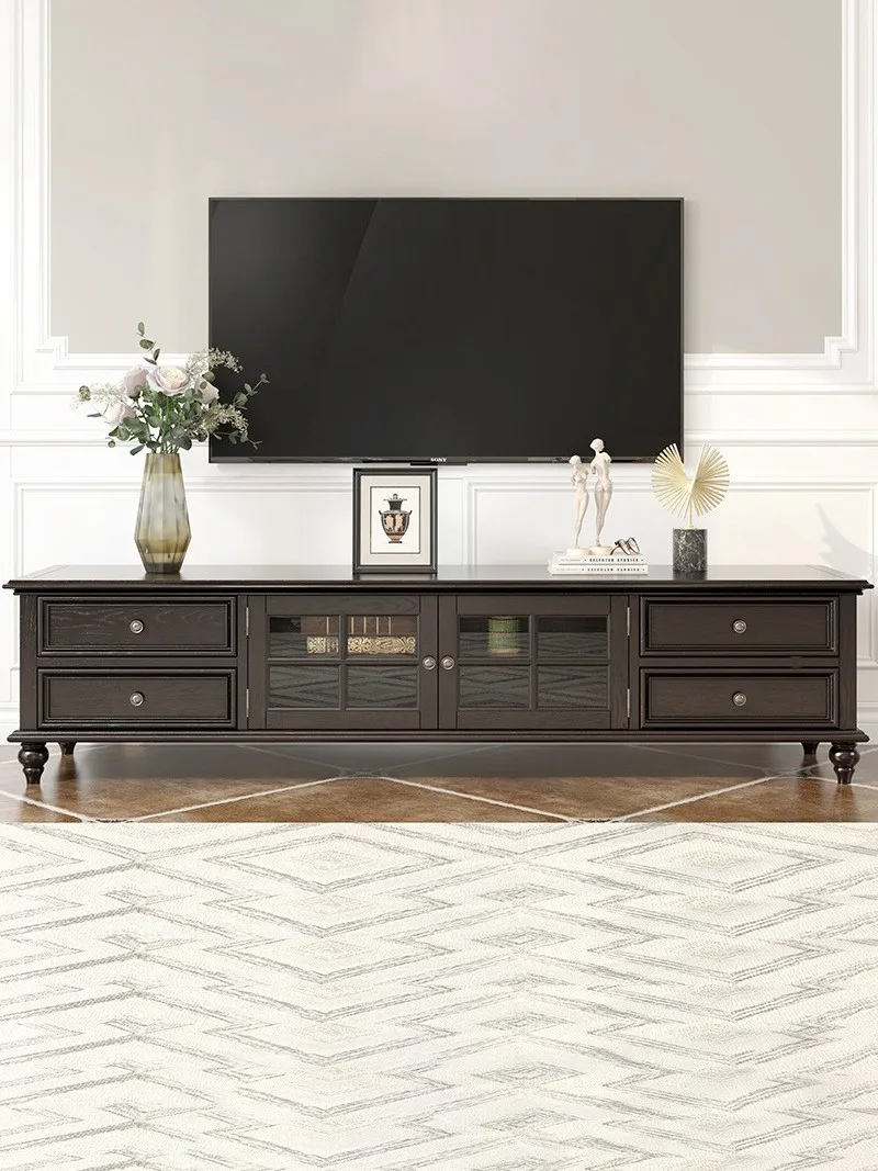 Rural solid wood TV cabinet, retro living room furniture, floor, coffee table combination, small unit, minimalist