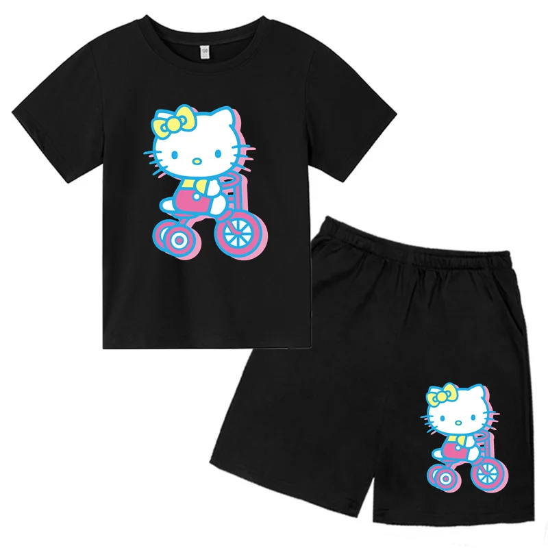 Boys Girls Anime Hello Kitty Tshirt Set Kids Clothes Cartoon Pokemon Tops T-shirt Girls Summer Stitch Short Sleeves Sonic Tees