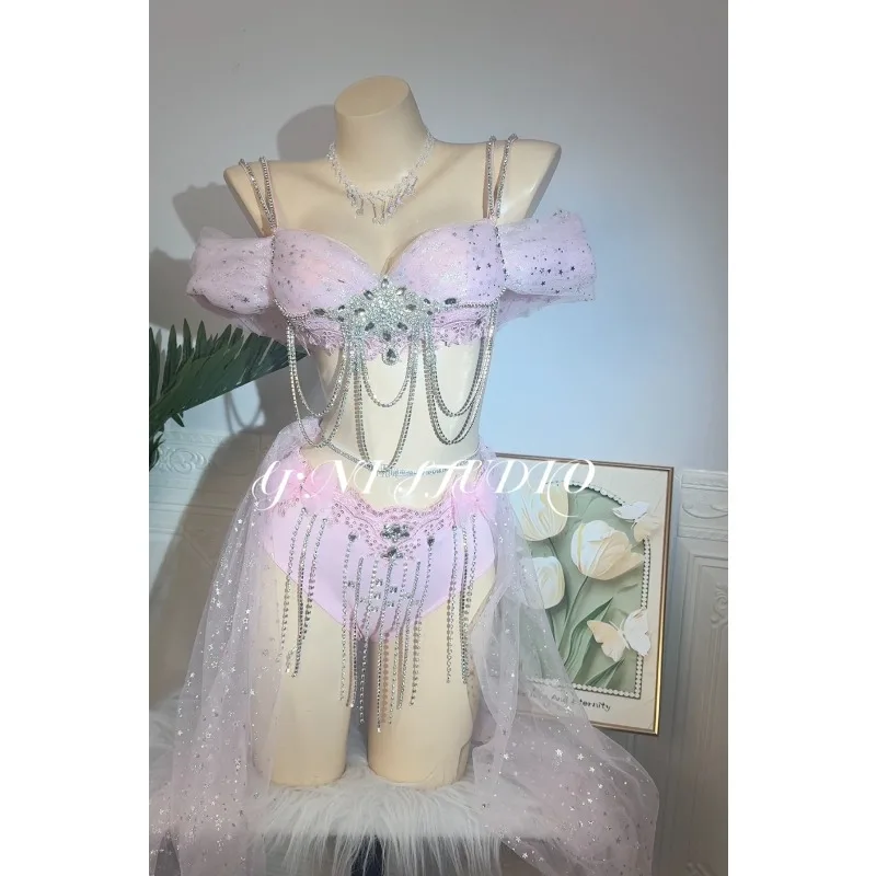 Customized Pink Corset Set for Women Bounce Di Electronic Syllable Music Festival Raven Set Belly Dancing Bra