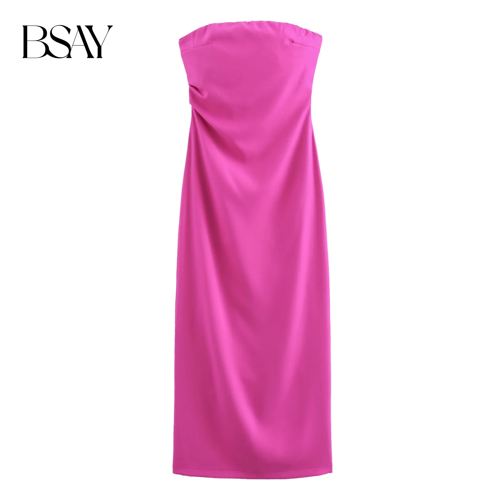 BSAY Women Fashion Summer New Sexy Split Back Zip Pleated Sleeveless Strapless Dress Chic Female French Elegant Evening