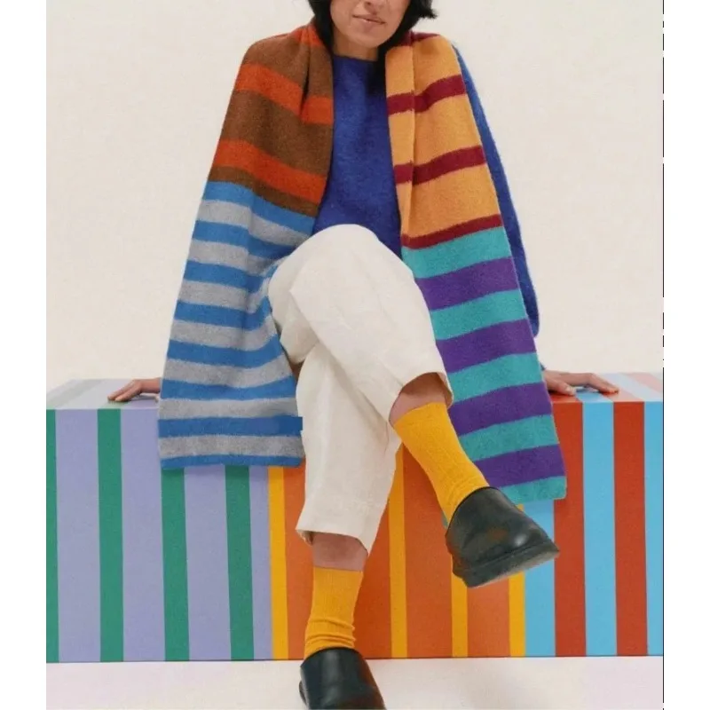 LUXURY Double Layered Wool Knitted Scarf with Contrasting Colors, Unique Piano Key Rhythm, Rainbow Stripe Wool Long Scarf