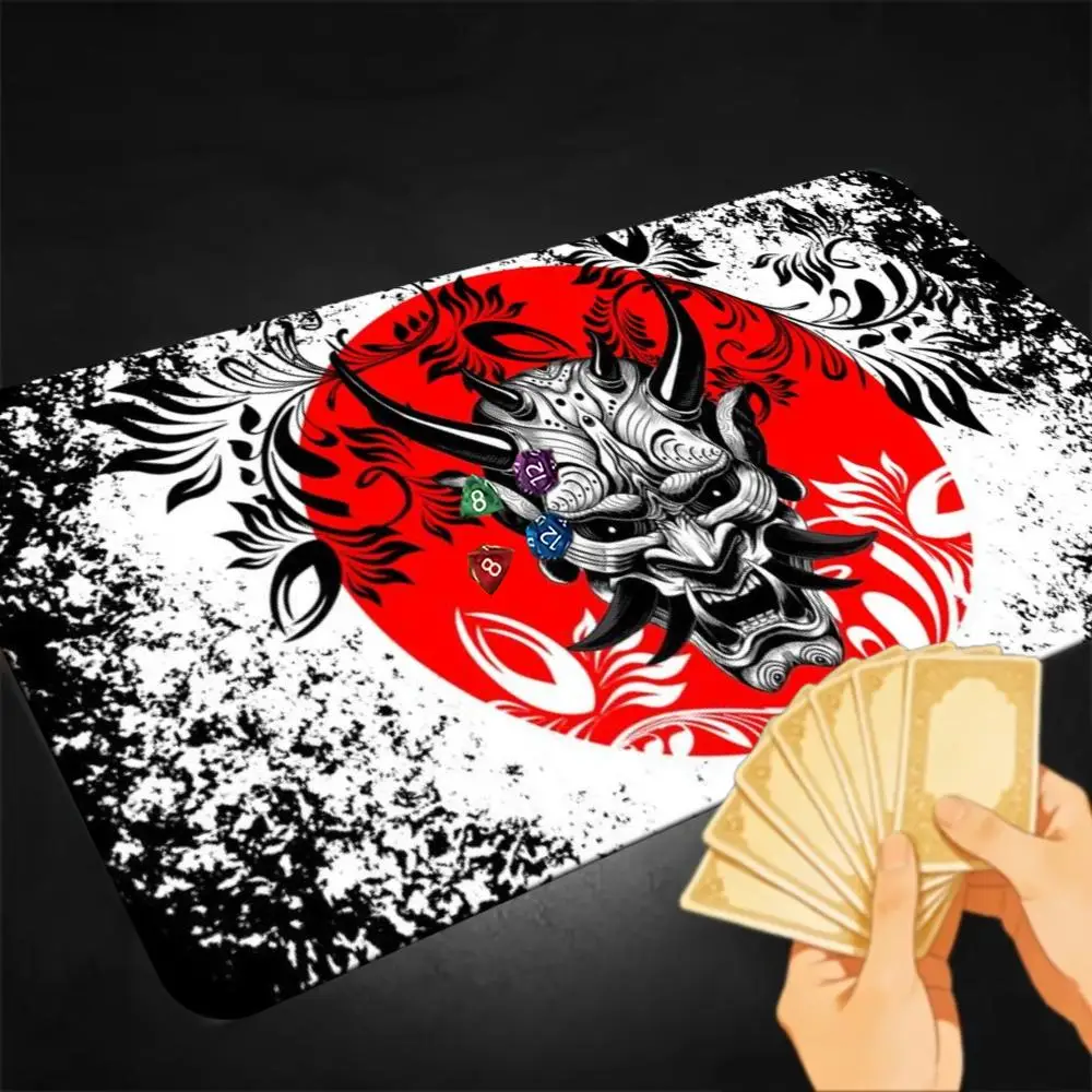 Japanese Hannya Oni Mask TCG Playmat Red Sun Circle Floral Ornament Grunge Distressed Texture Non‑Slip Desk Mat for Card Game
