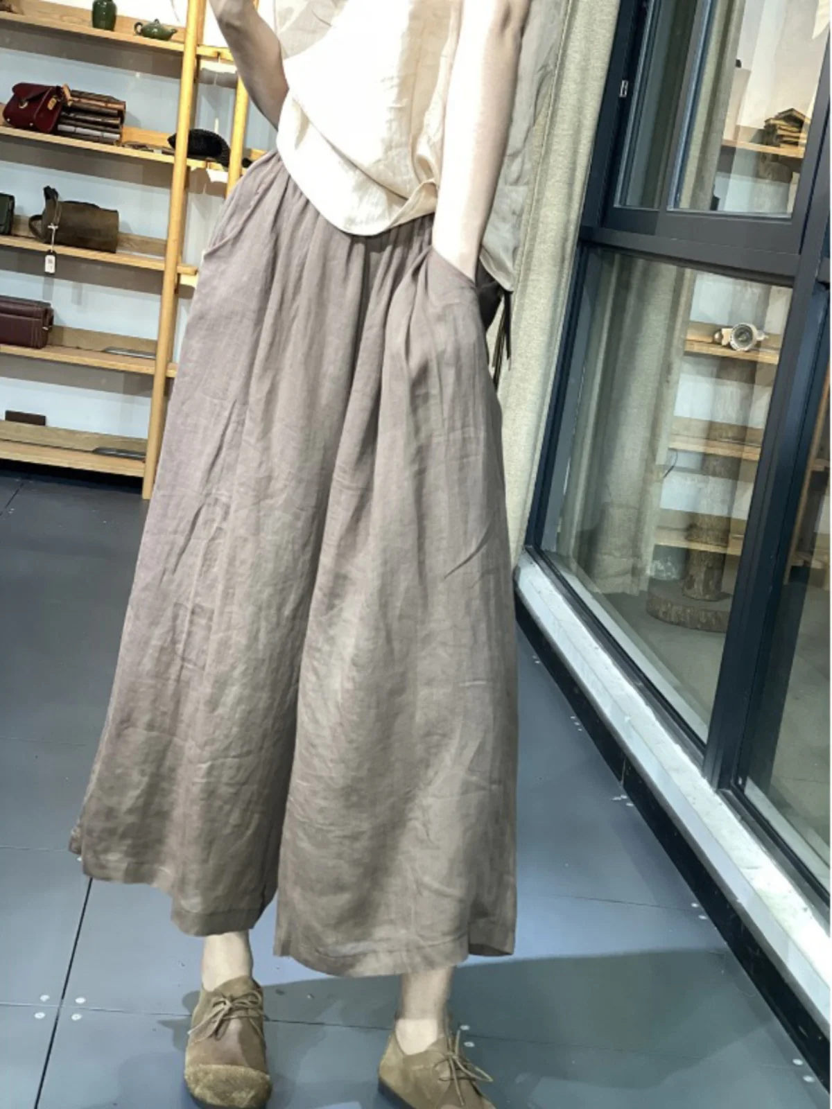 

Casual Cotton Linen Wide Leg Pants Elastic Waist Pure Color Loose Fit Straight Cut Nine Point Pants for plus Size Women