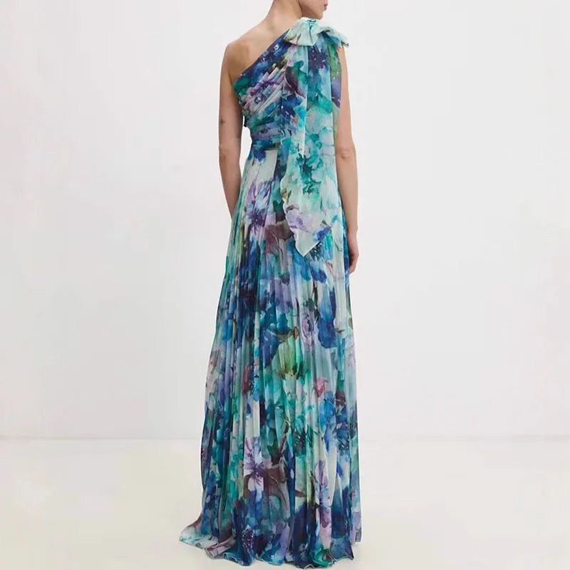 Robe de soirée longue en mousseline de soie pour femmes, Sexy, col incliné, nœud papillon, élégante, taille haute, balançoire, bohème, vacances