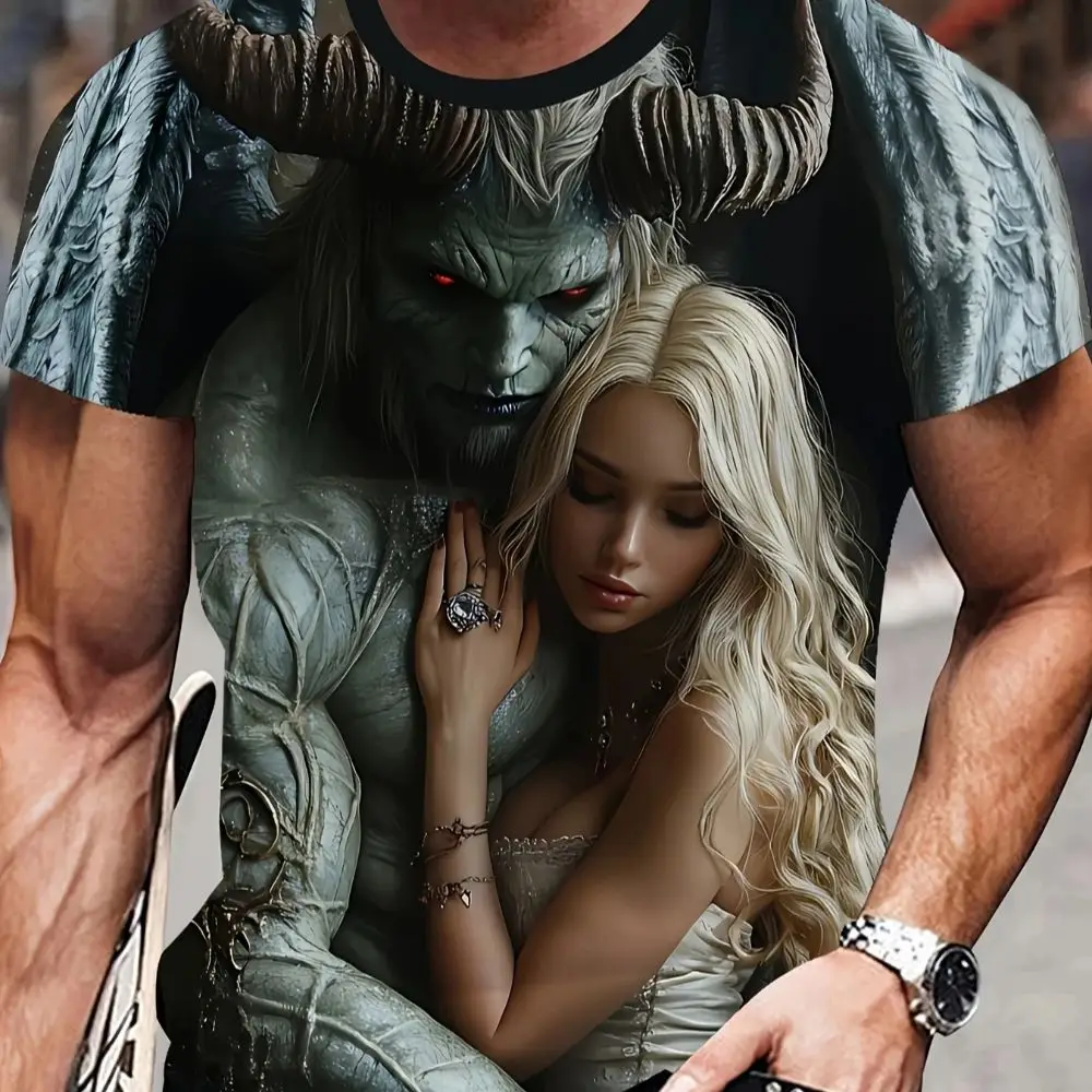 تي شيرت رجالي جميل بنمط امرأة ووحش مطبوع بأكمام قصيرة، قميص كاجوال برقبة دائرية، ملابس يومية، نسيج ناعم ومريح #5