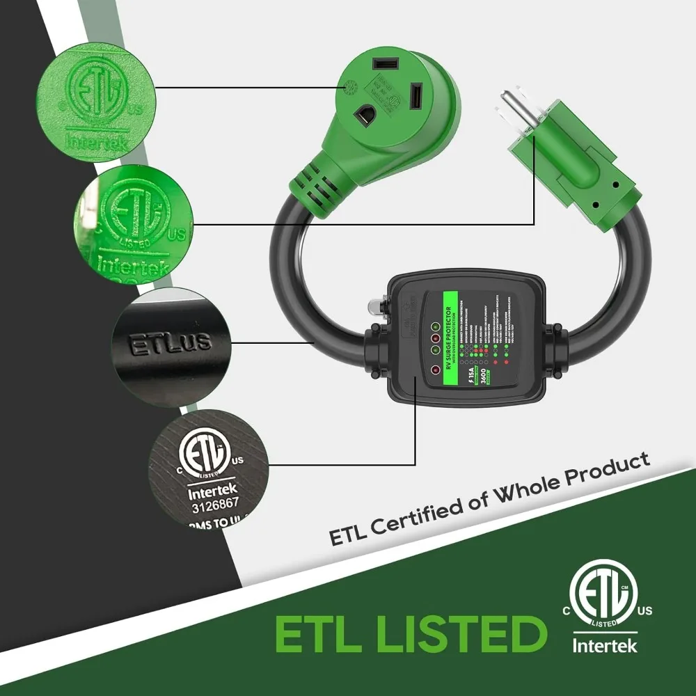 سلك محول حماية من زيادة التيار RV 30 أمبير إلى 110 فولت مع حماية من الحمل الزائد، NEMA 5-15P إلى TT-30R، درج 2 قدم أخضر ETL #6