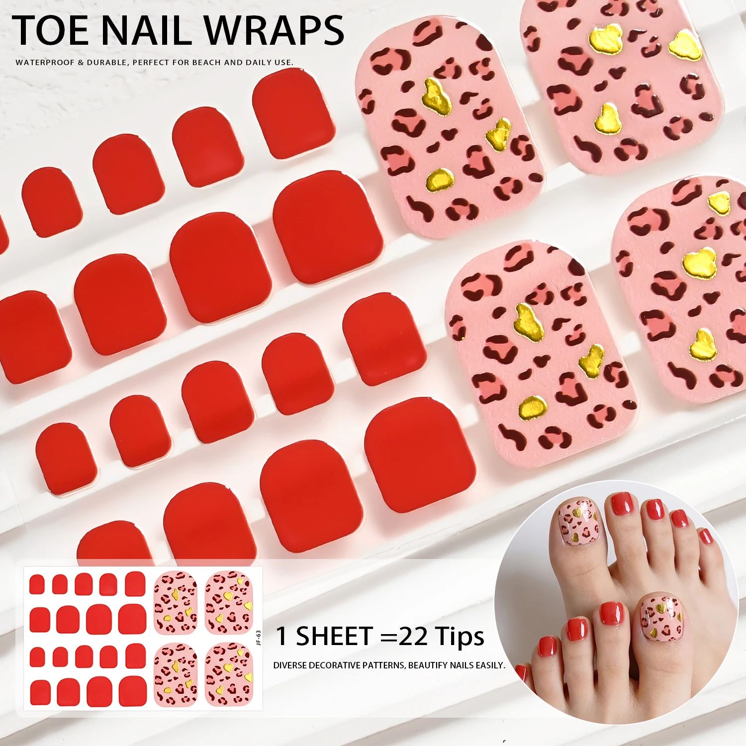 22Tips Red Pink Leopard Print Toe Nail Stickers Adhesive Gel Nails Wraps Sexy Leopards Toenail Polish Strips DIY Summer Manicure