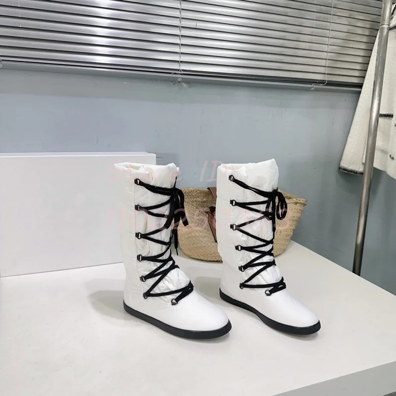 White Lace-up Flat with Snow Boots Round Toe Cross-tied Mid-calf Boots Water Proof Women Warm 2024 Winter Casual Ski Shoes