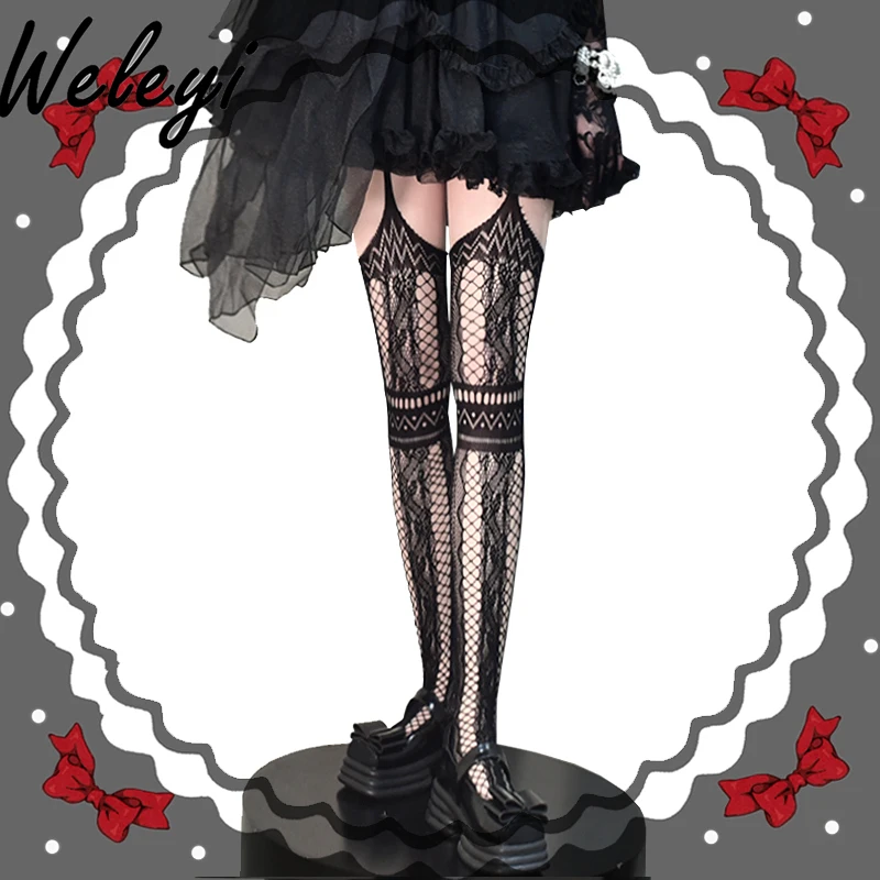 

Lolita Punk Goth Black Garter Jirai Kei Accessories Women Vintage Court Grid Pantyhose Stockings Woman Sexy Babes Fishnet Socks