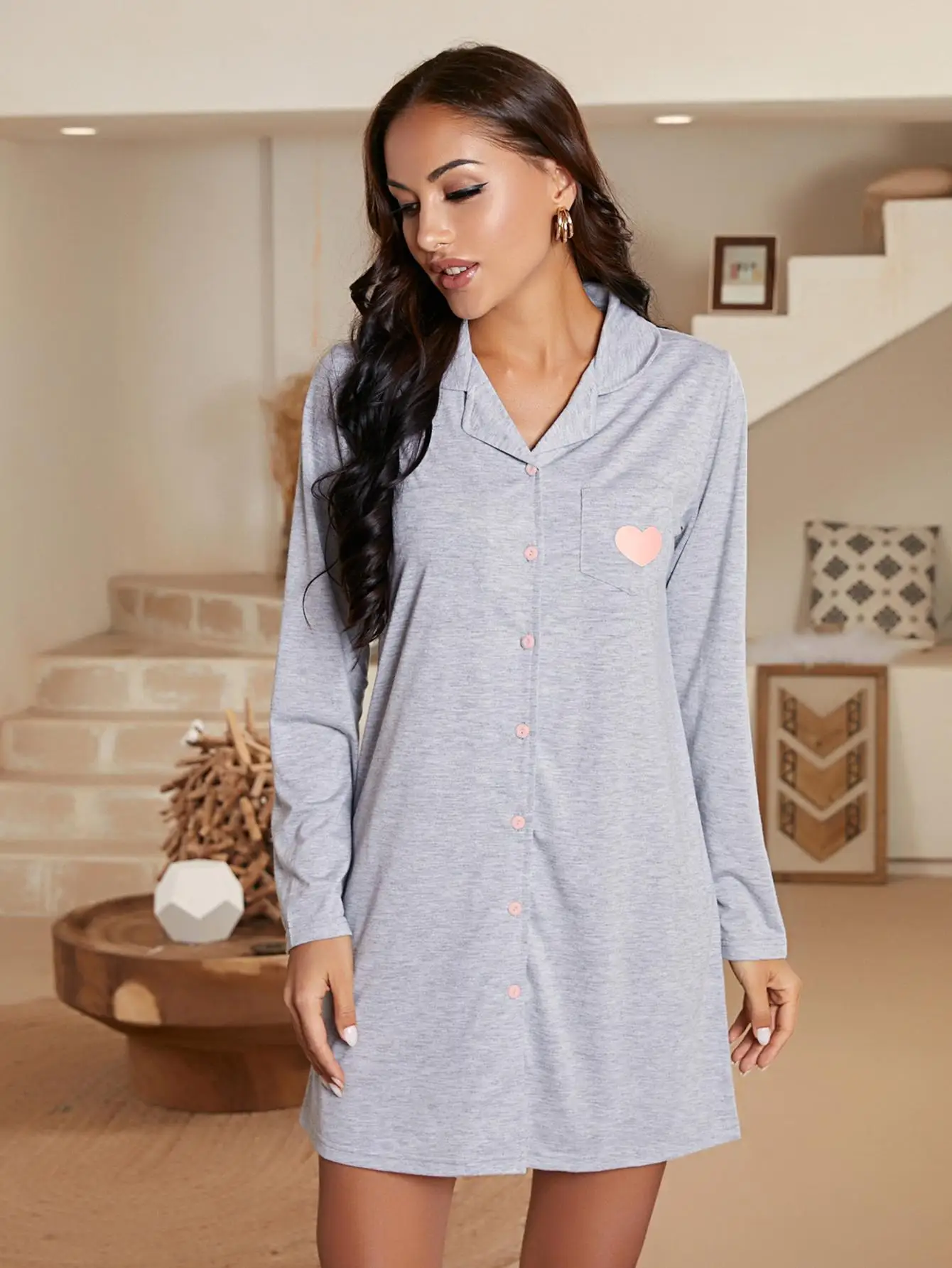 Autumn Sexy Heart Design Sleepwear Lady Gray Night Gown Homedress Turn Down Collar Sleeping Dress V Neck Home Wear Suit Women