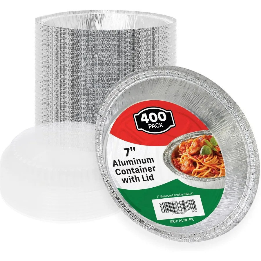

7" Round Aluminum Foil Pans with Clear Dome Lids for Cooking, Baking, Reheating, Disposable Takeout Pans (7 Inch / 400 Sets)