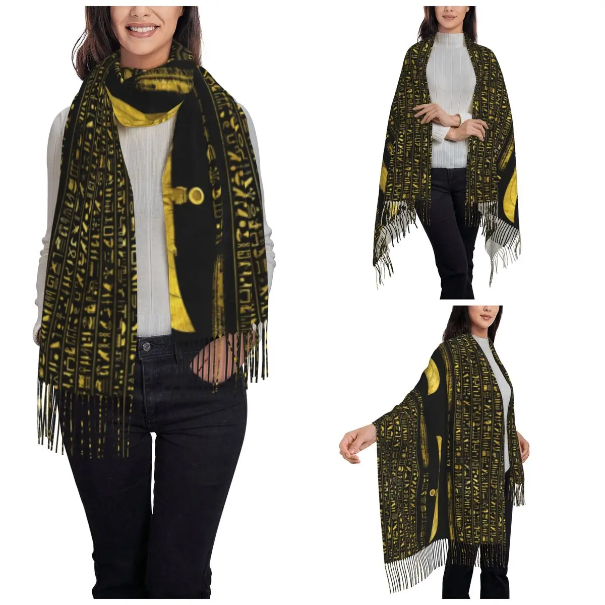 Golden Egyptian God Scarf for Womens Winter Fall Cashmere Shawls and Wrap Ancient Egypt Large Scarves with Tassel Ladies