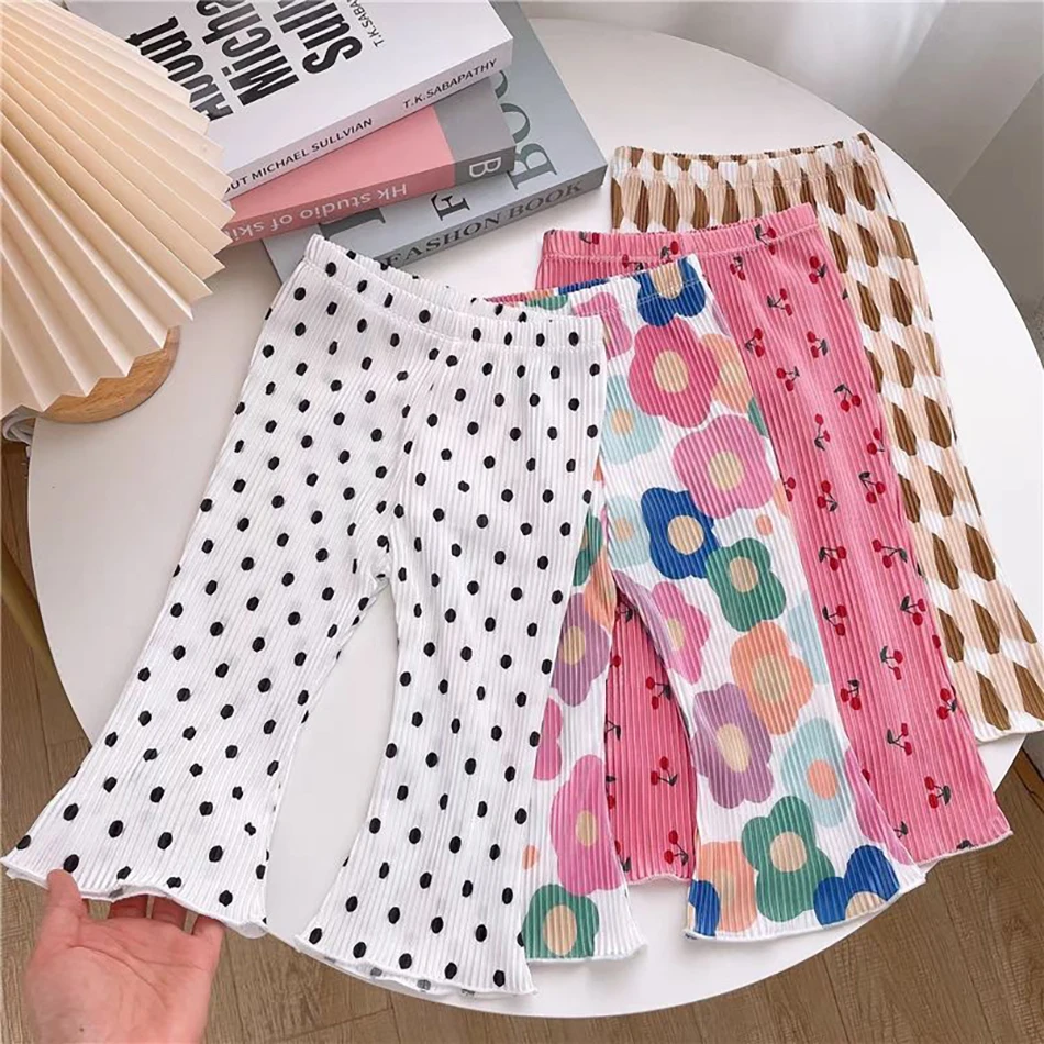 Summer Girls Floral Polka Dot Flared Pants Ice Silk Thin Fashion Outdoor Activities Children Pants Kids Everyday Versatil Pants