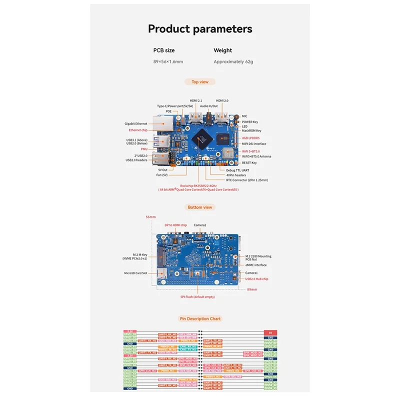 Одноплатная плата для Orange Pi 5 Pro, 8 ГБ ОЗУ LPDDR5, RK3588S, Wi-Fi 5 и BT5.0 BLE Orange Pi 5 Pro, макетная плата M.2-BTFL