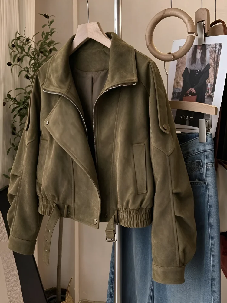 Retro Biker Short Jacket Women's Zipper Collar Cool Autumn 2026 New Small Size Trendy Polyester Fiber Long Sleeve Coat