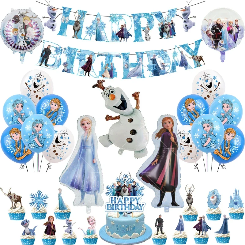 Frozen Balloons Disney Anna Elsa Princess Party Decoration Happy Birthday Banner Girl Cake Topper Disposable Tableware Ballon